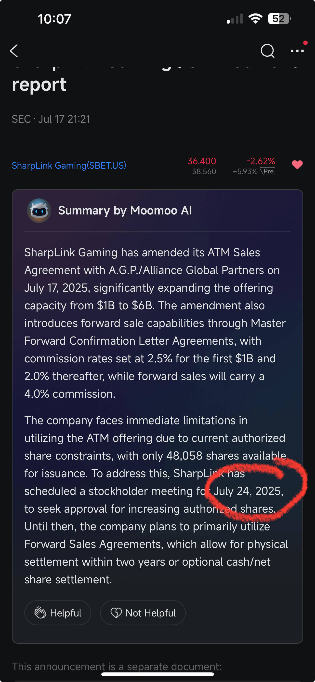 $SharpLink Gaming (SBET.US)$ i have just learned something interesting. correct me if i am wrong. looks like the atm supposedly dilution is not allowed to happe...