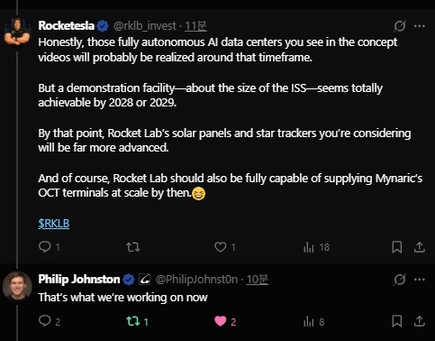 $Rocket Lab (RKLB.US)$ $英伟达 (NVDA.US)$ 刚刚发布了一条关于将数据中心带入太空的消息 😮😮 [链接: Starcloud如何将数据中心引入外太空] ...然后星云公司CEO Peter Johnston回复了这条帖子，提到 $Rocket Lab (RKLB.US)$ （或许作为...