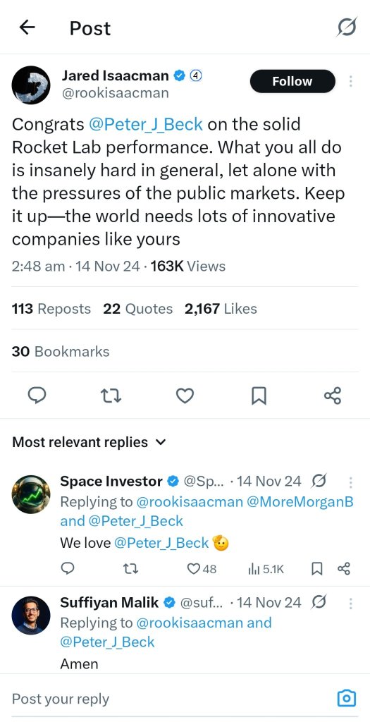 Jared Isaacman作为新任NASA局长，对太空和RKLB持乐观态度。