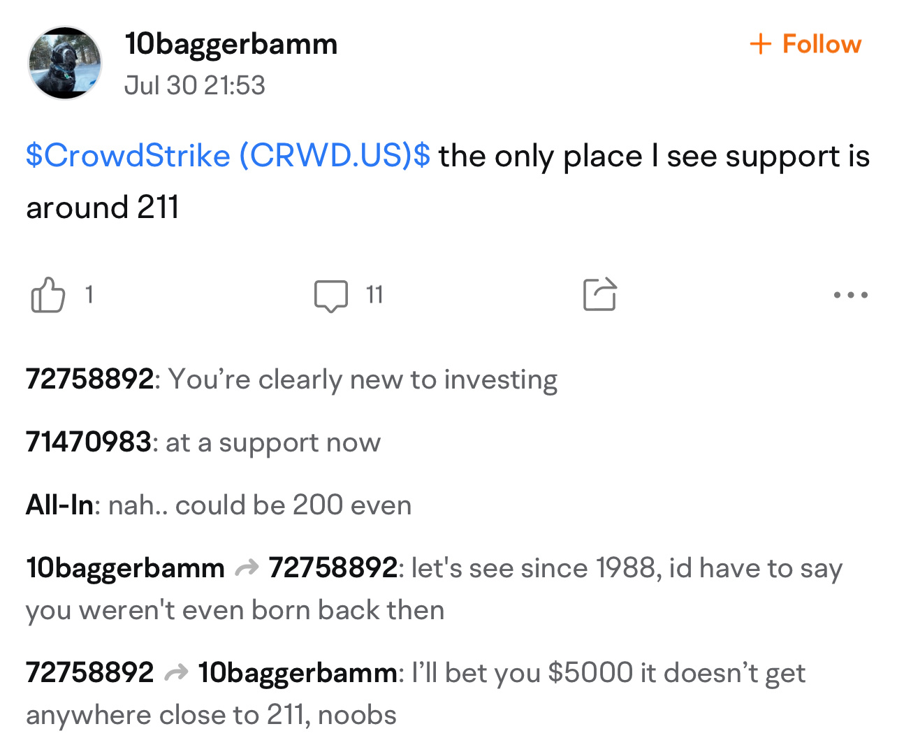 $CrowdStrike (CRWD.US)$ drop to 211. someone mentioned 211 yesterday i think and he is good.