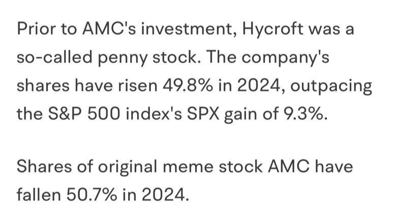 $AMC院線 (AMC.US)$ 看看 Hycroft。我認為首席執行官可能會在那邊投資或轉移資產... amc 急劇下降與海克羅夫特大幅增長... 過去幾天。如果你縮小，你可以看到希克羅夫特在 2024 年上漲了 50％，AMC 也下降了 50％