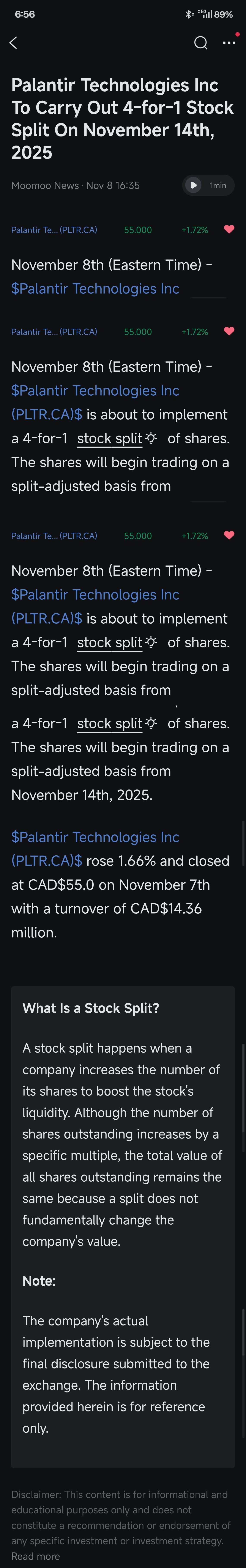 Pltr 将于2025年11月14日进行1拆4的股票分割。 - moomoo 社区