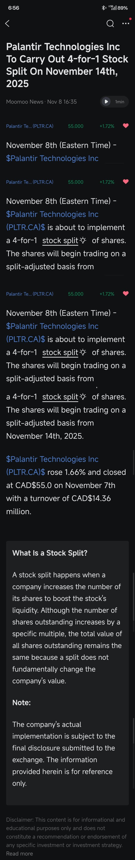 Pltr 将于2025年11月14日进行1拆4的股票分割。