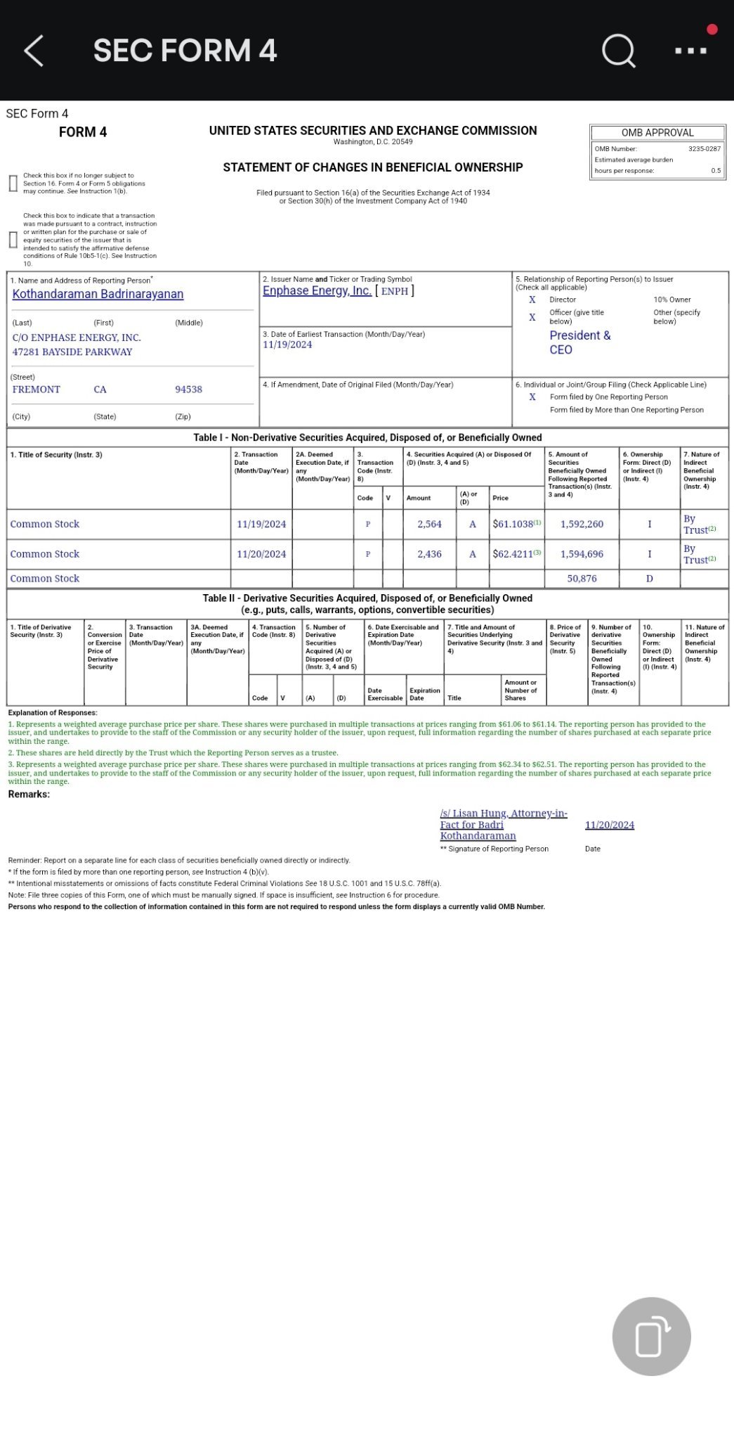 Enphase CEO brought more common stock from open market .. Bullish !!