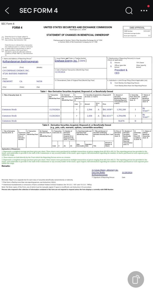 Enphase CEO從公開市場購買更多普通股票.. 看好!!