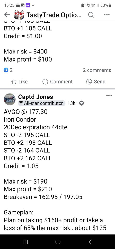 All calls iron condor trade  at 105 credit x 2.  This  trade  is from captain jones in the tastytrade community.