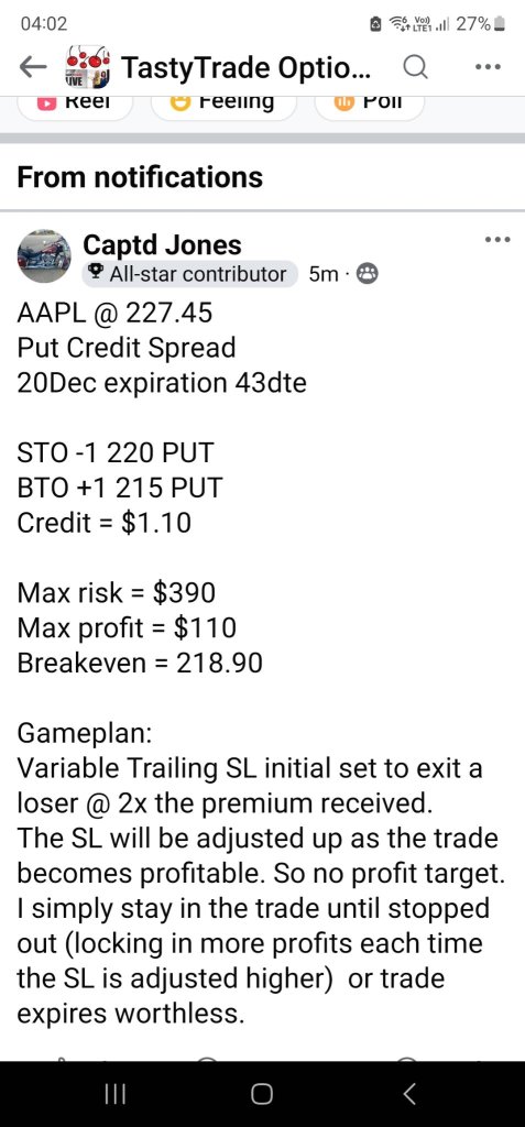 Vertical put credit spread (bull put) is a bullish strategy. Sell put @ 220, buy put @ 215.  Trade ideas  from tastytrade community.