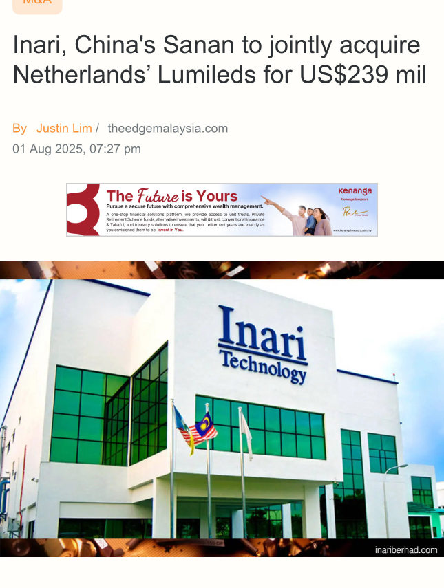 Inari, China's Sanan to jointly acquire Netherlands' Lumileds for US$239 mil