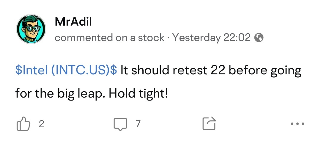 $Intel (INTC.US)$ Hold tight, folks! Intel remains a solid long-term play. Short-term fluctuations are just part of the game—stay focused on the bigger picture....