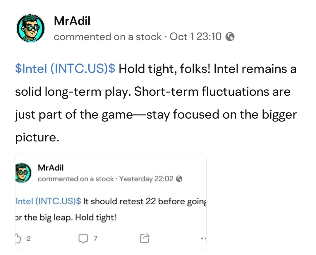 $Intel (INTC.US)$ After retesting at 22, we can see a good upward momentum now. Let's goooooooo and break 30!! $Advanced Micro Devices (AMD.US)$$Qualcomm (QCOM....