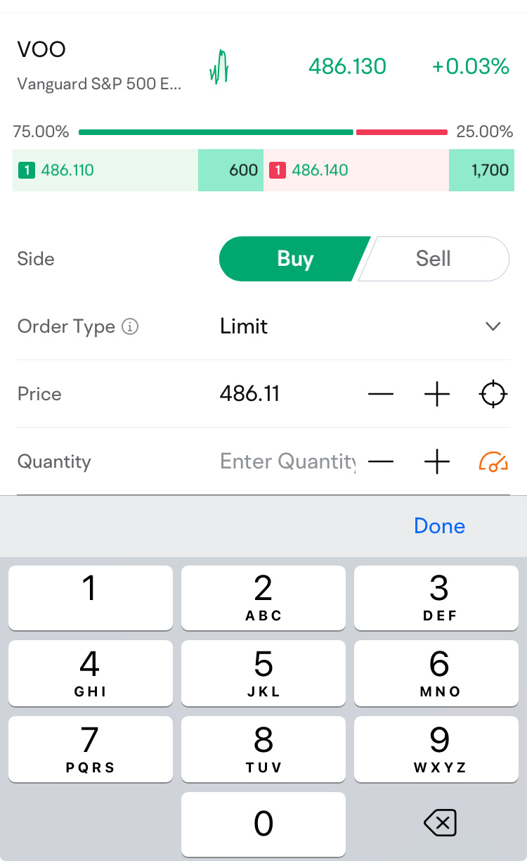 $Vanguard S&P 500 ETF (VOO.US)$  How to key in decimal for fractional shares. No decimal button.