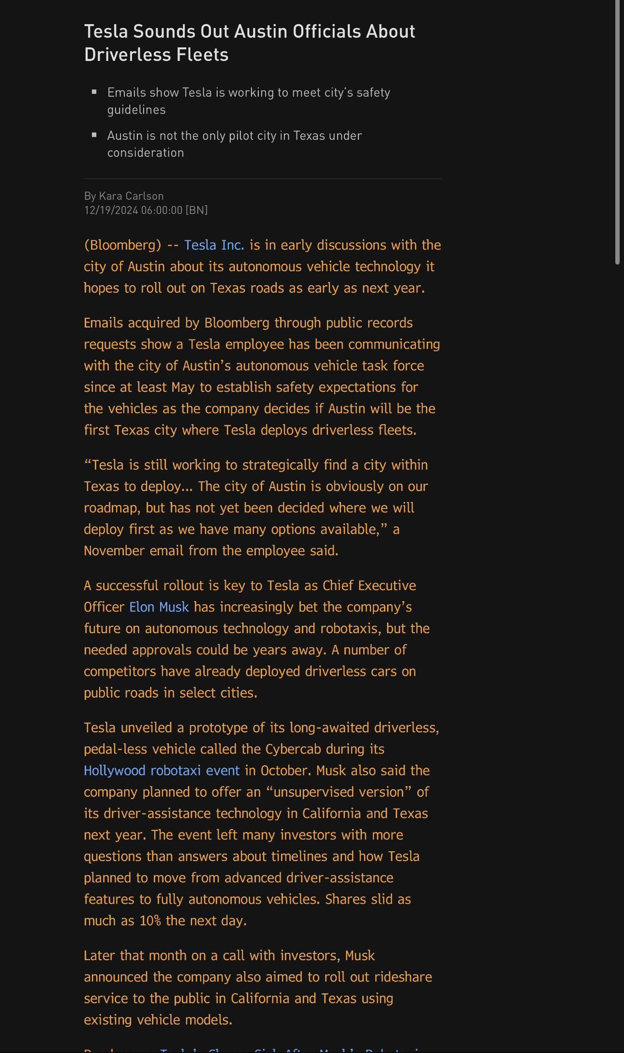 重磅！特斯拉正与奥斯汀市就2025年推出Robotaxi展开初步讨论！  邮件显示，特斯拉员工早在今年5月就已与奥斯汀市的自动驾驶车辆工作组联系，但还未最后确定首个部署城市，因为还有多个城市可供选择！  很明显，Robotaxi明年将会到来！