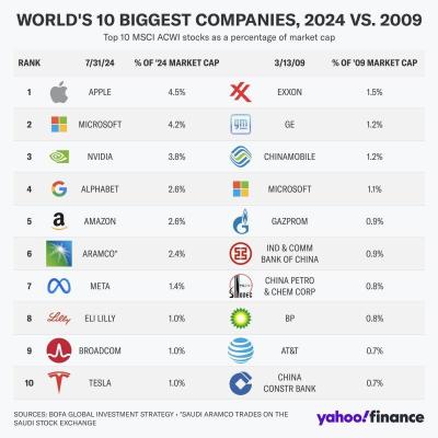 Top 10 biggest companies in 2024 vs 2009