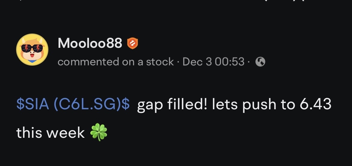 $SIA (C6L.SG)$ early by a week, 0.01 cent lower than what i predict. Hope we can stay above 6.4 next week and rally in Jan!  with Trump administration, he will ...