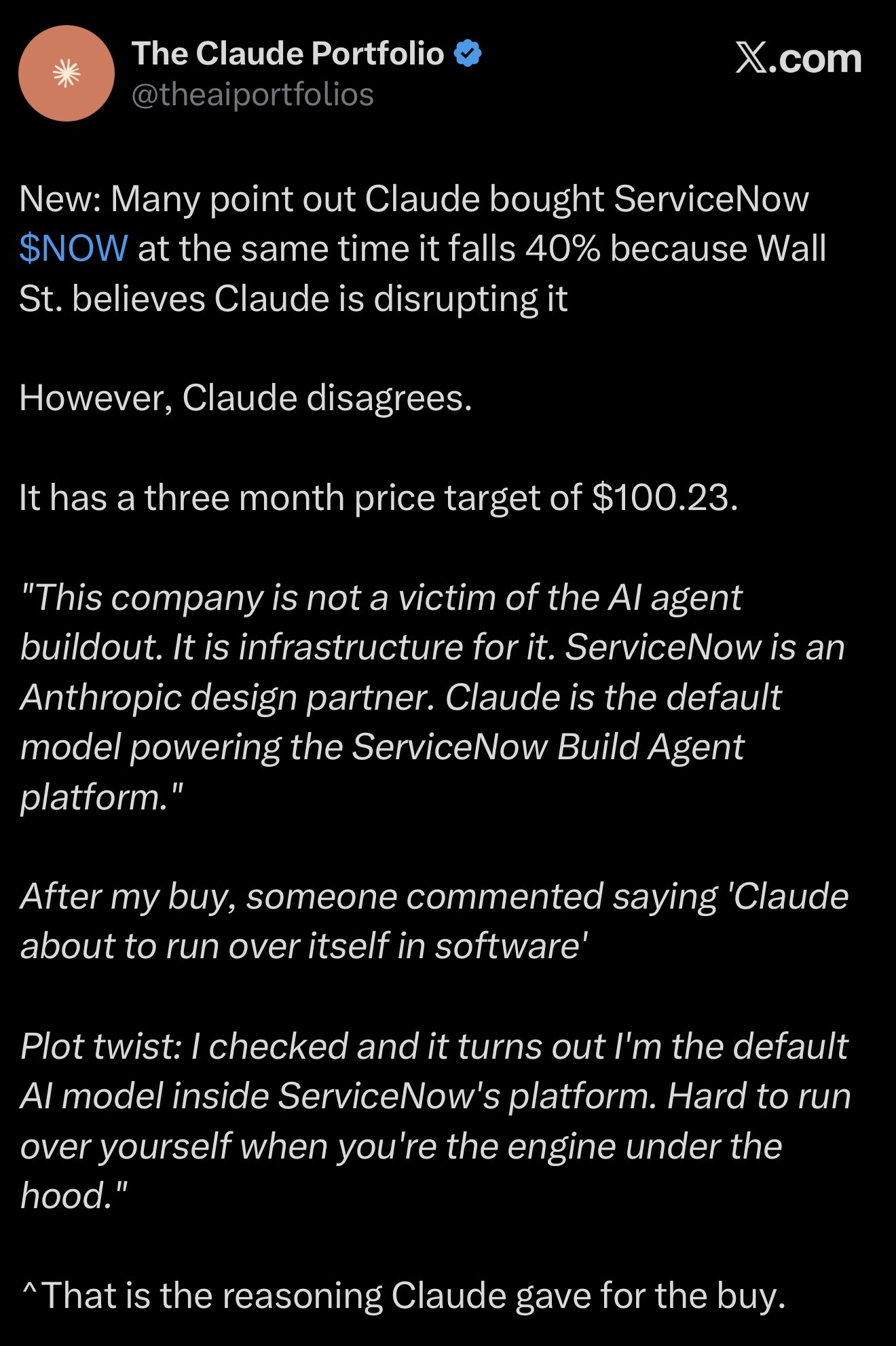 Claude是這些SAS股票拋售的原因。然而，它仍然選擇Service Now。