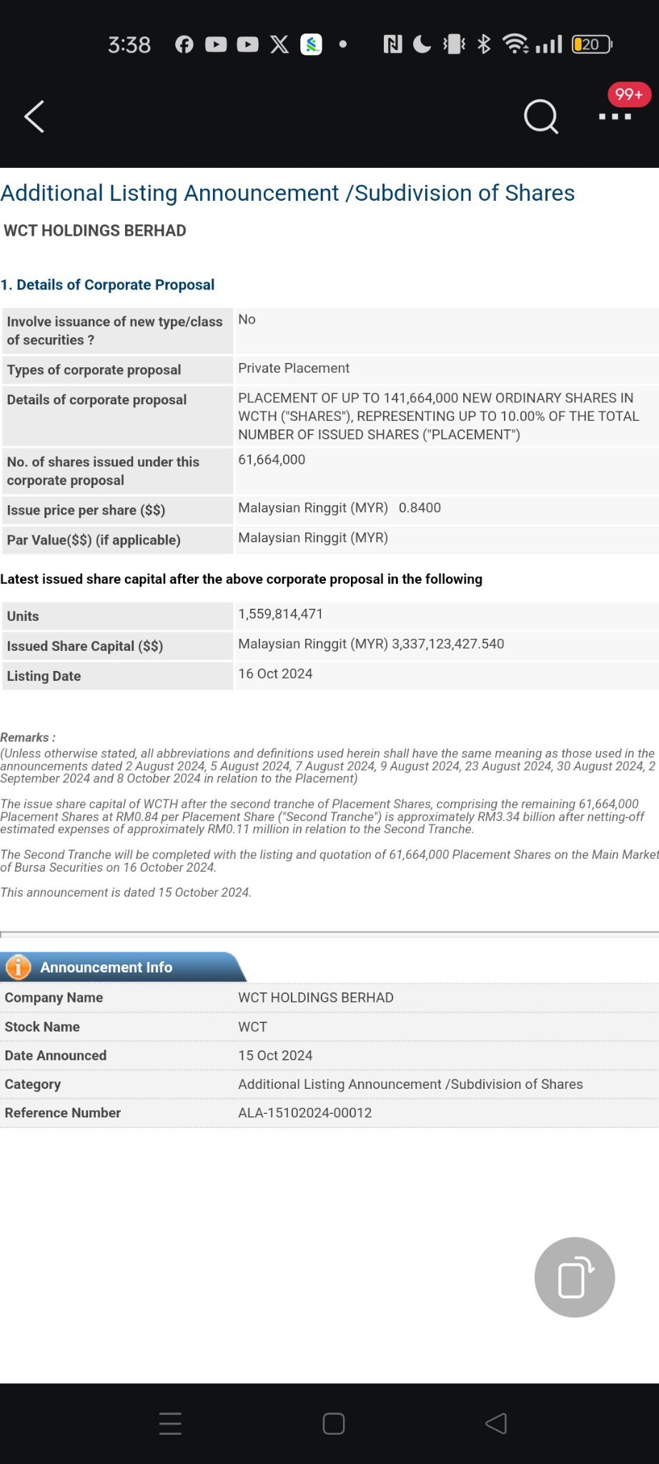 $WCT (9679.MY)$ Private placement at 0.84 per share.