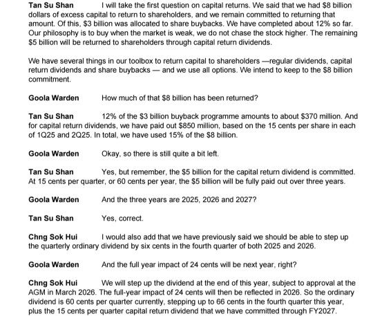星展集團控股承諾在接下來的三年內，直到2027年第四季度，每股資本分紅15美分，並在2026年和2027年額外增加6美分...