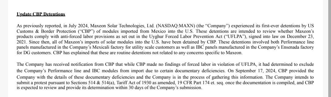 Maxeon currently still on hold by U.S custom.