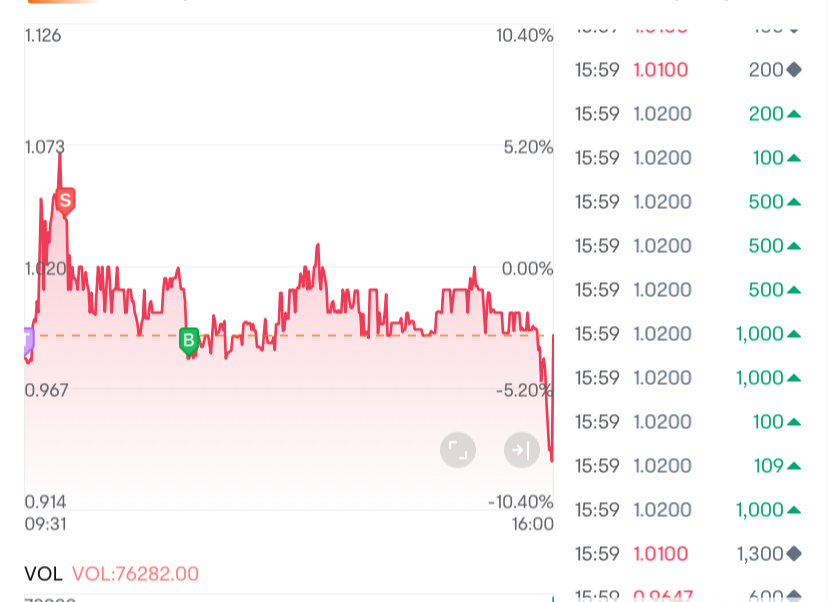 $Sunshine Biopharma (SBFM.US)$ 这表明在收盘的最后2分钟内，有许多买家以1.02的价格出售。