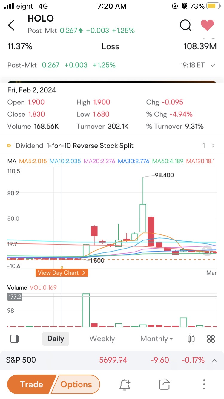 $マイクロクラウド ホログラム (HOLO.US)$ 前回は直接的に1.5から98.40まで急騰しました。今回は0.27から50ドルでしょうか？