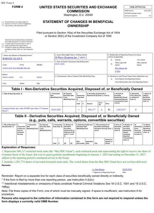 D-Wave Quantum | 4: Statement of changes in beneficial ownership of securities-Officer BARATZ ALAN E