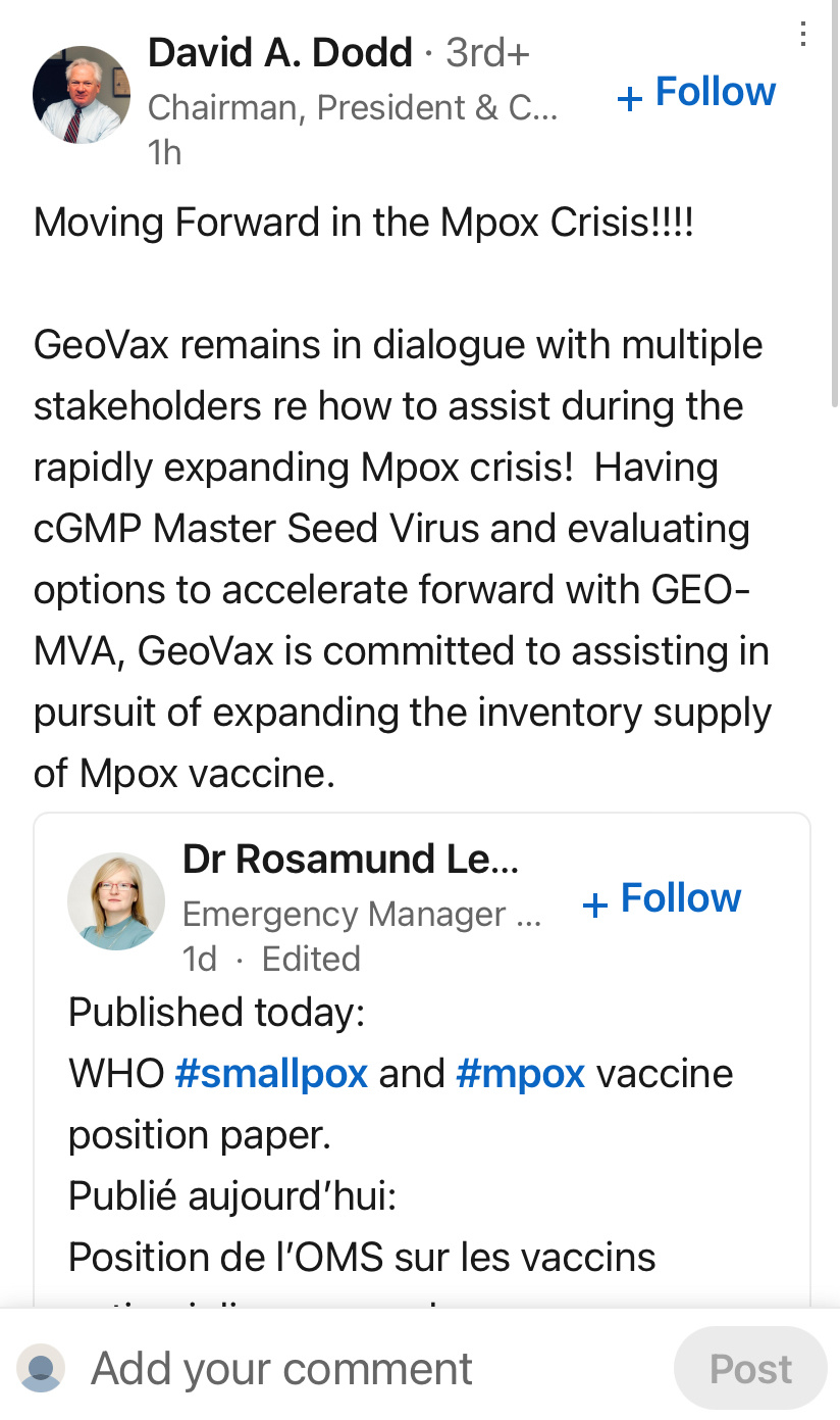 $GeoVax Labs (GOVX.US)$[链接: David A. Dodd在领英上：在Mpox危机中继续前进!!!!]  [链接: GeoVax仍在对话中…]