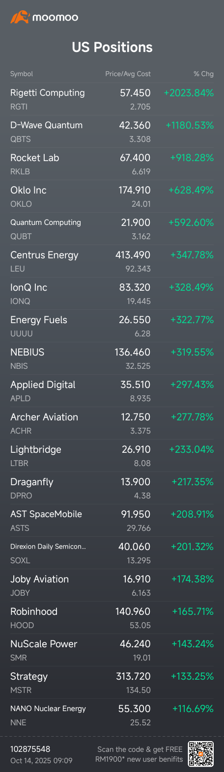 截至2025年10月14日，我投资组合中的前20大持仓
