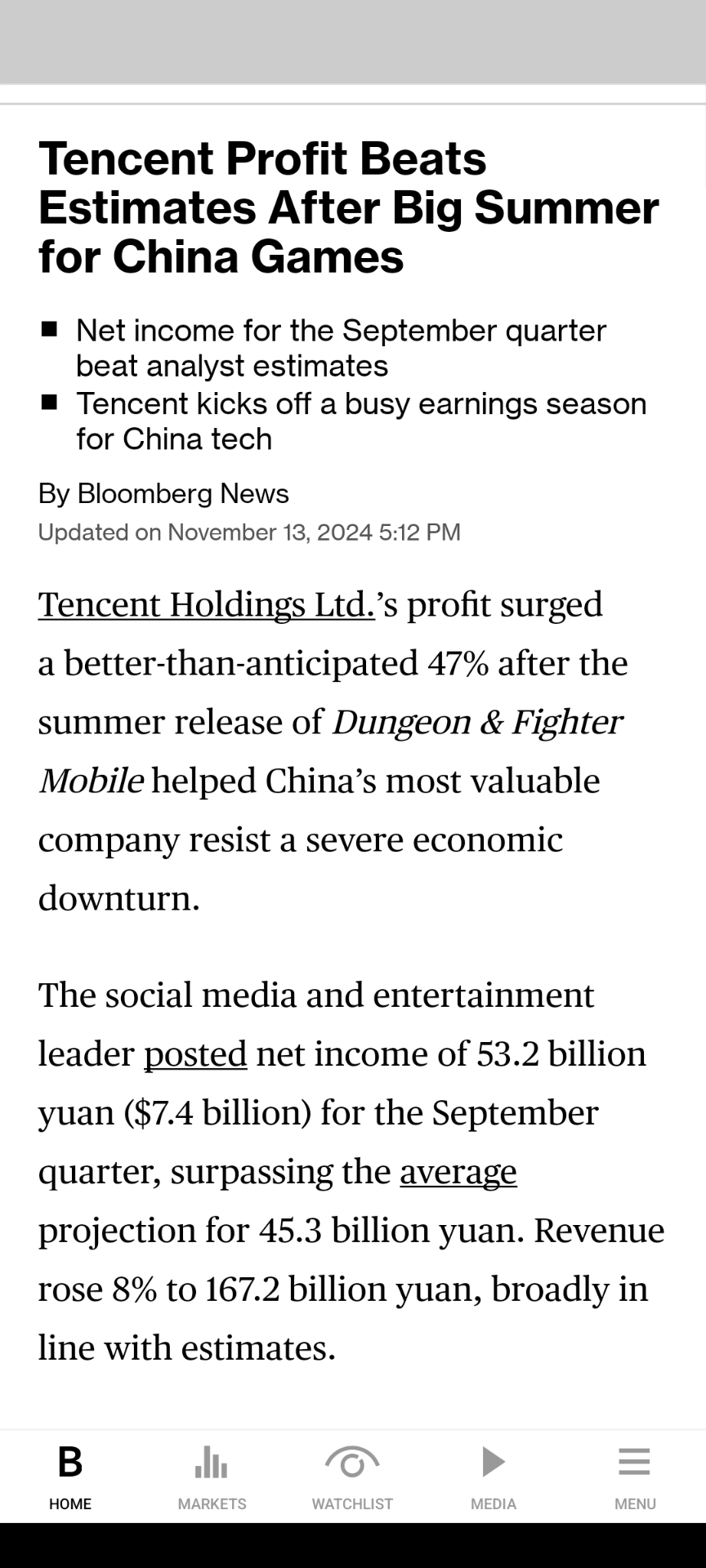 $TENCENT (00700.HK)$ Bloomberg headlines - Tencent Profit beats estimates after Big summer for China Games