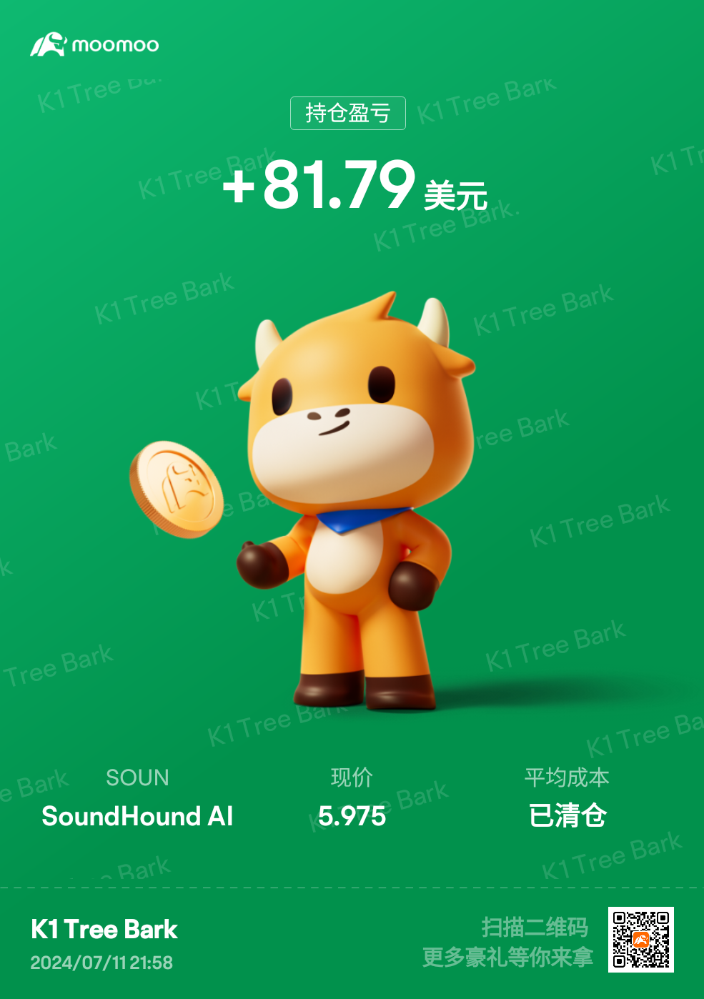 $SoundHound AI (SOUN.US)$ 🙂是的，小赚当赢。。。会再回耒的。。。🍃