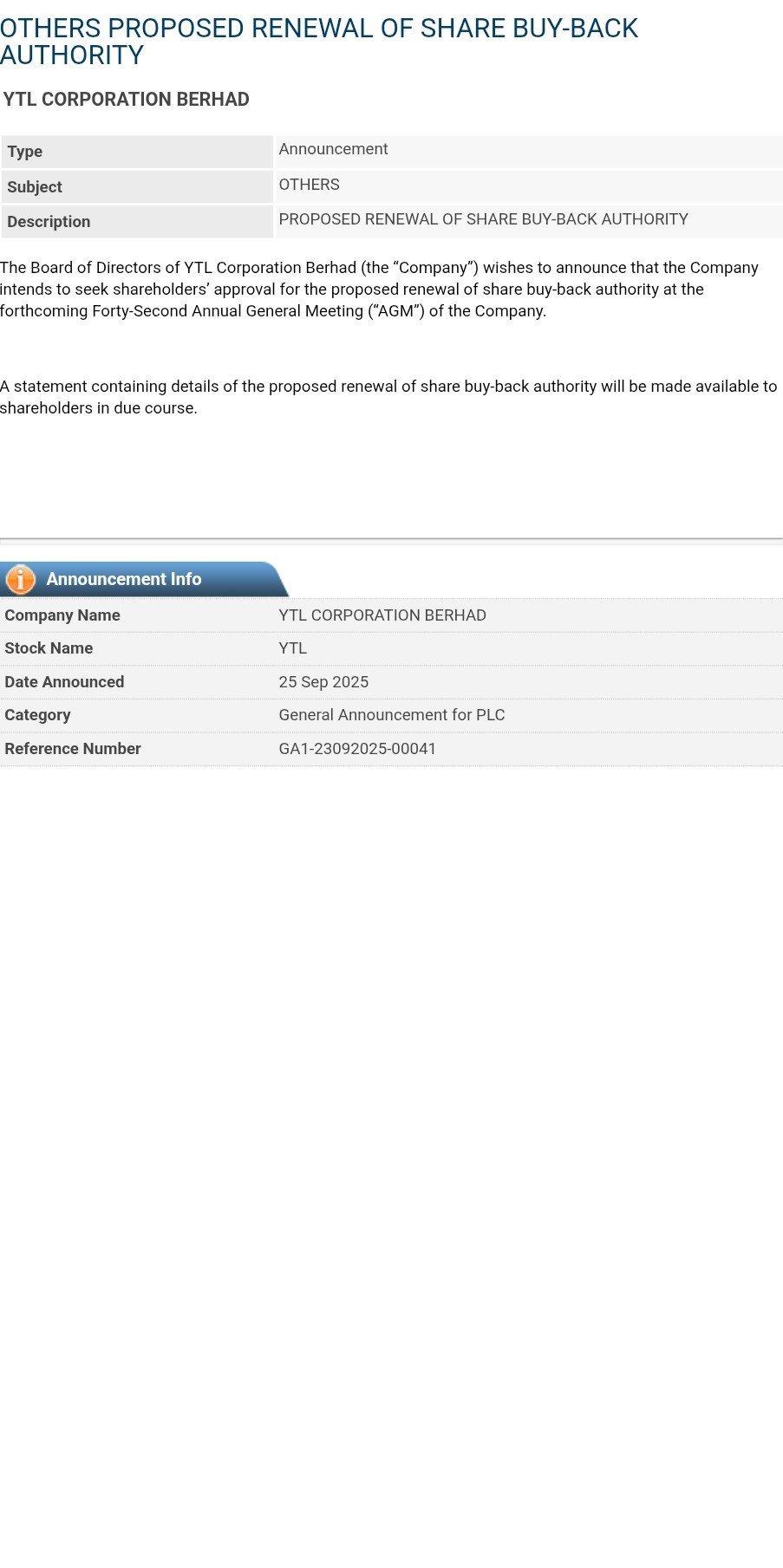 $YTL (4677.MY)$ Will the repurchase of its own shares lead to a rise in the stock price?