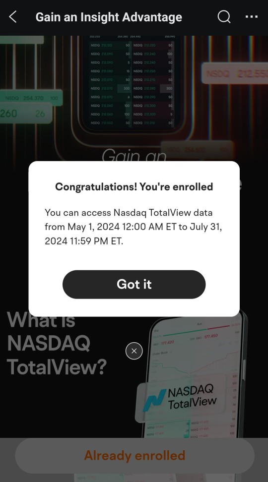 Thank you for 3 months of Nasdaq Totalview