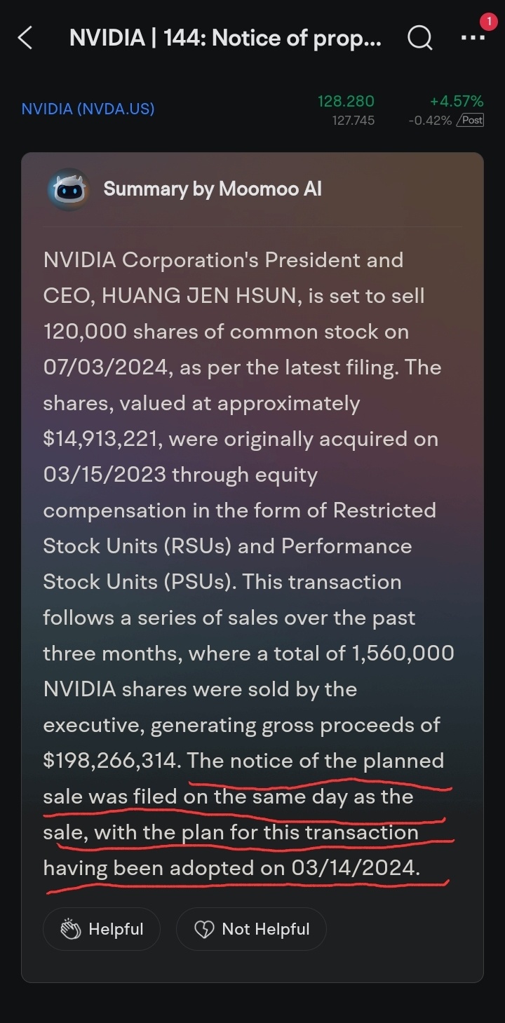 $NVIDIA (NVDA.US)$ Seriously guys, his sale was planned and filed in 14Mar24....