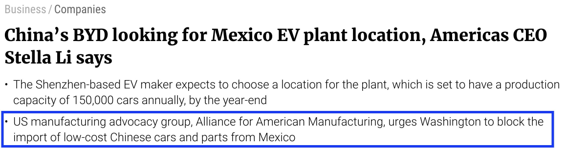 美国首席执行官斯特拉·李说，中国比亚迪正在寻找墨西哥电动汽车工厂
