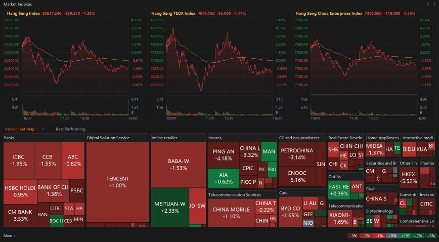 HANG SENG INDEX CLOSED DOWN 289.55 POINTS, OR 1.38%, AT 20637.24