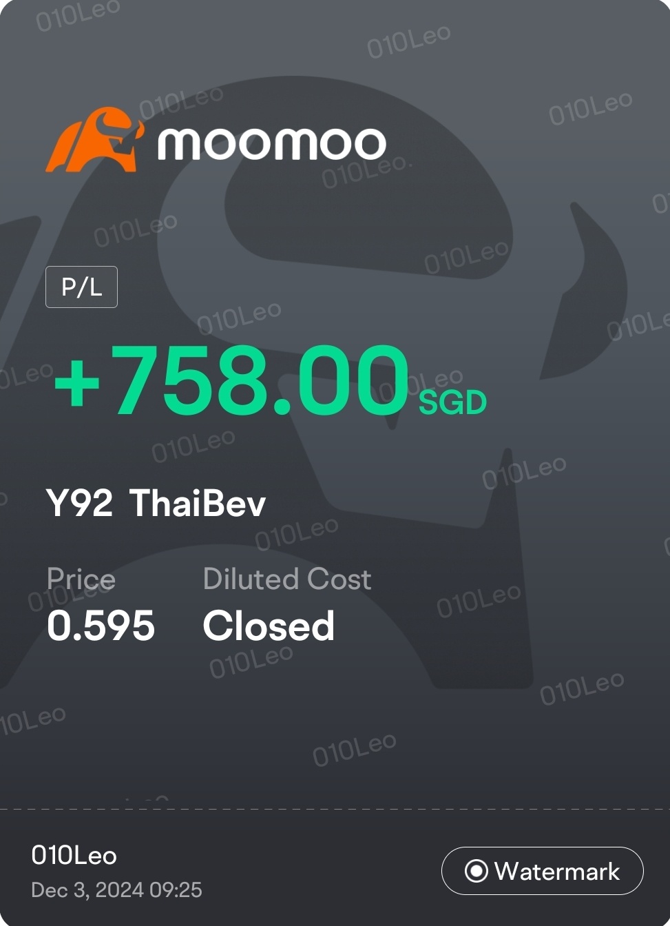 $ThaiBev (Y92.SG)$ closes my positions in moomoo. need for it to go up more to start selling my positions in cdp. I'll be back when opportunity arises.