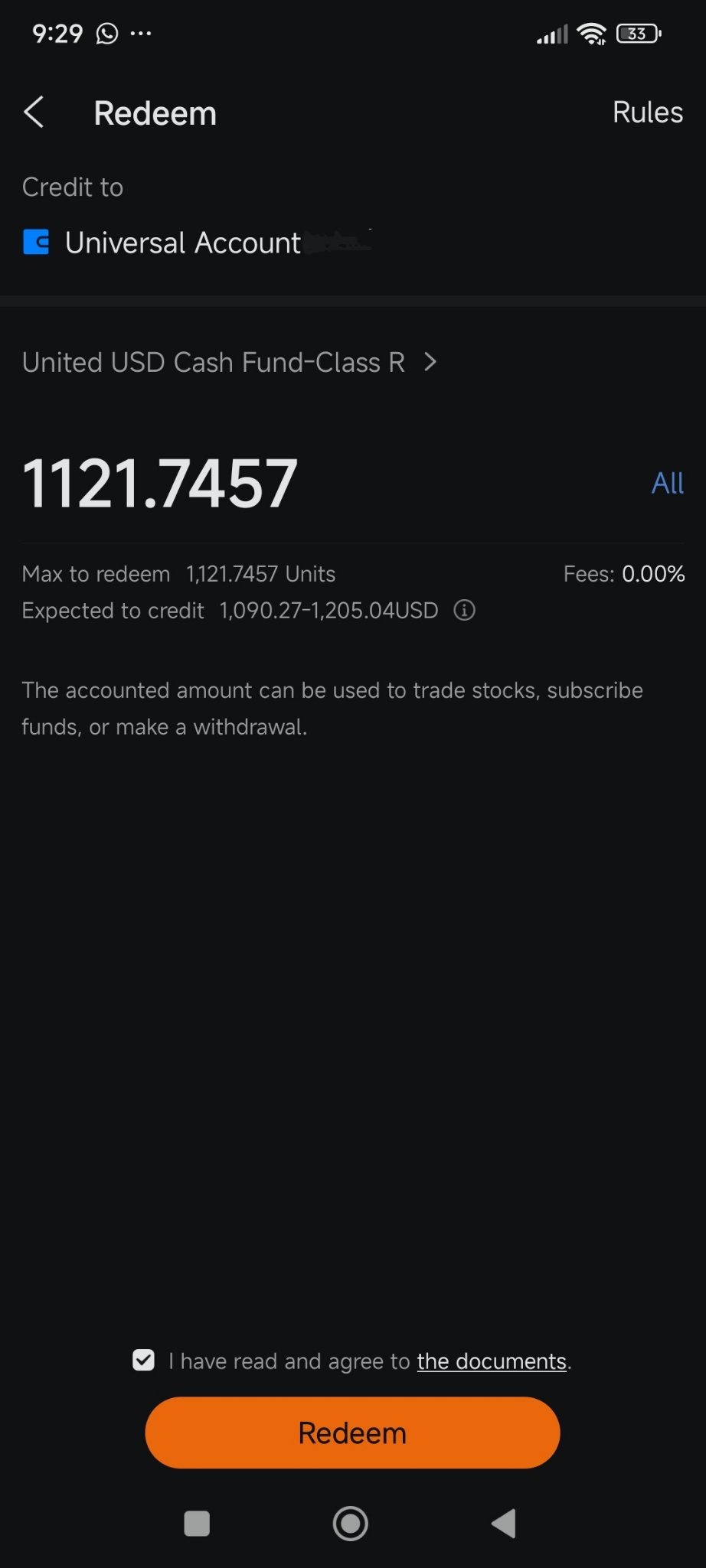 $United USD Cash Fund-Class R (MYU0100A8420.MF)$ 爲什麼我不能贖回我投資的相同美元金額？  我投資了大約1140，但我只能贖回1120？ 請提供建議。