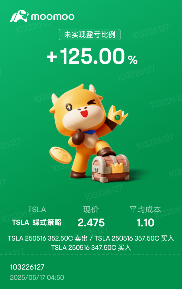 $特斯拉 (TSLA.US)$ 受老天眷顧，蝶式策略湊效。[耶]