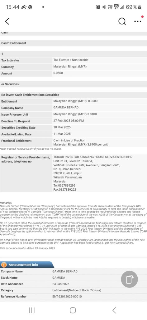 Does anyone know for reinvestment cash into securities function? option to buy a new share at RM3.81?