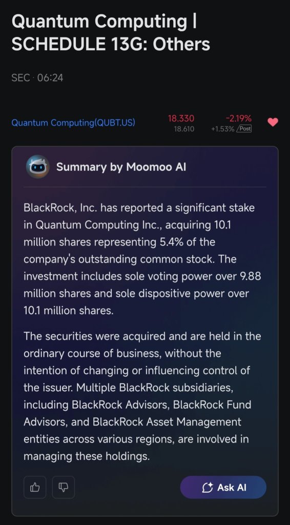 贝莱德持有1010万股QUBT股票