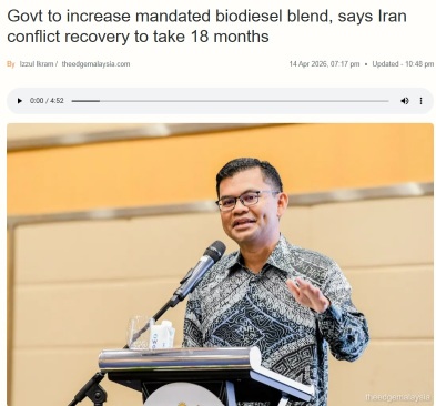 Malaysia just increased its biodiesel mandate and admitted the Iran conflict recovery will take 18 months.