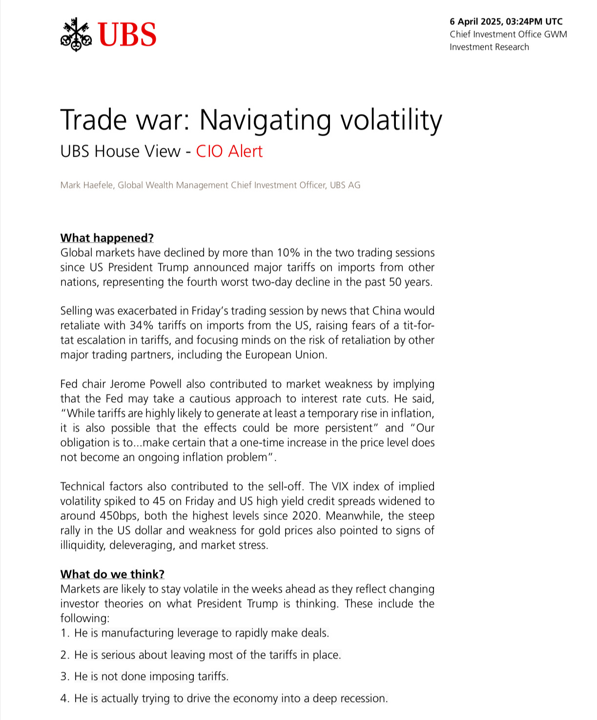 Global Shockwaves! UBS Urgent Strategy