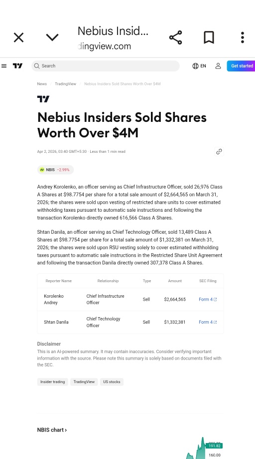 NEBIUS- USD 4$ Mil worth shares SOLD - Insider sales