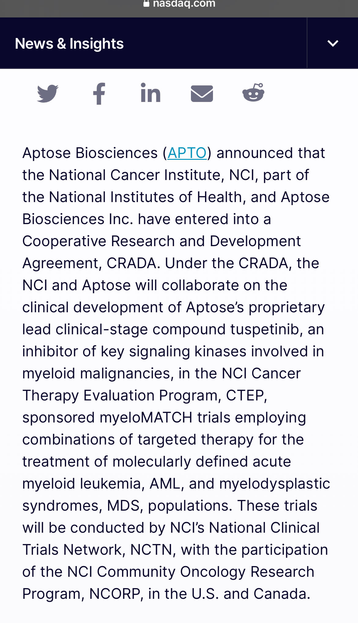 Collaboration between NCI and APTOSE