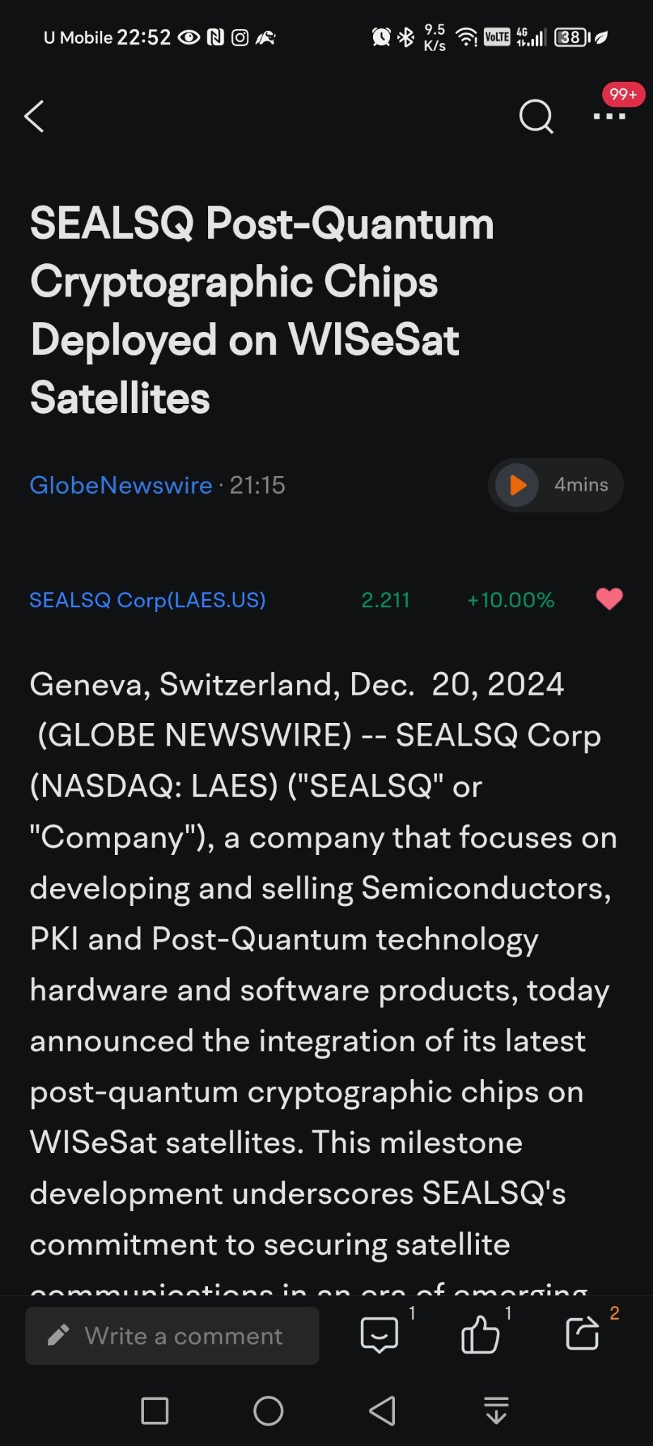 $SEALSQ Corp (LAES.US)$ I'm pretty sure many of them doesn't notice this news yet. 📈🚀. Sealsq chip is applied on the WISEsat microsatellites. It's about new q...