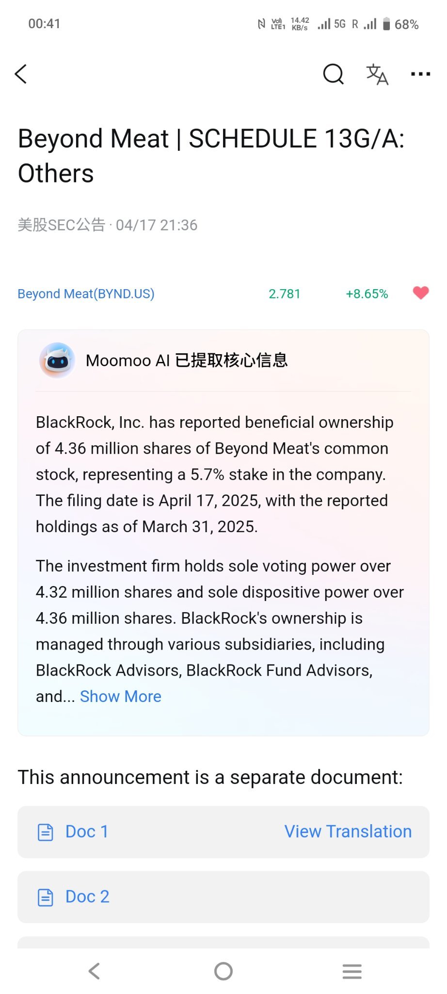 $Beyond Meat (BYND.US)$ BlackRock becomes the big boss