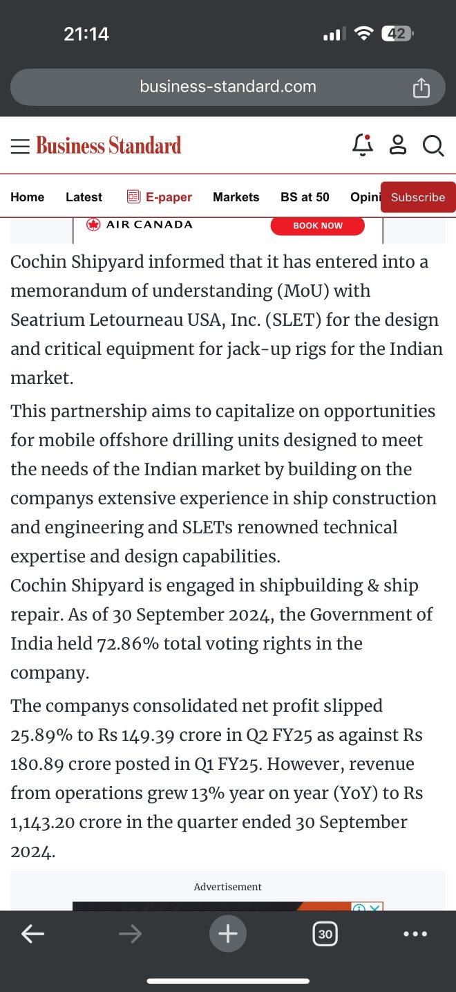 Cochin Shipyardは、インド市場向けのジャックアップリグの設計と重要な機器に関するSeatrium Letourneau USA、Inc.（SLET）との覚書（MoU）に調印したことを通知しました。