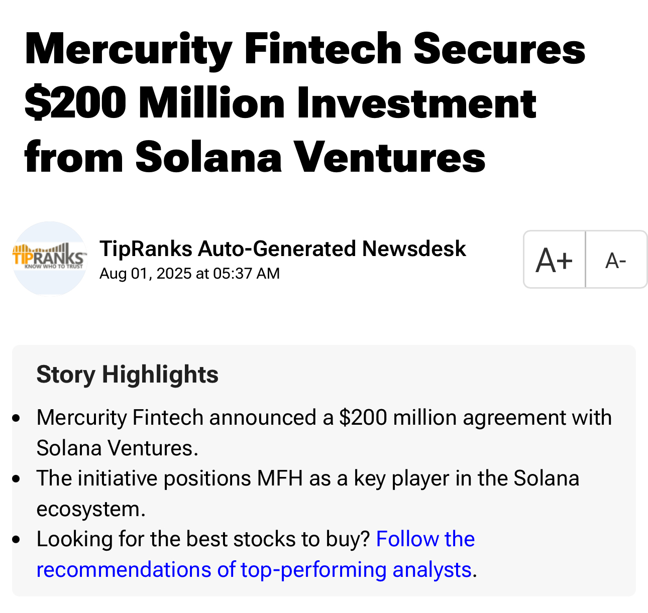 MFH Mercury Fintech: Bounce Incoming After $200M Solana Boo... - moomoo  Community