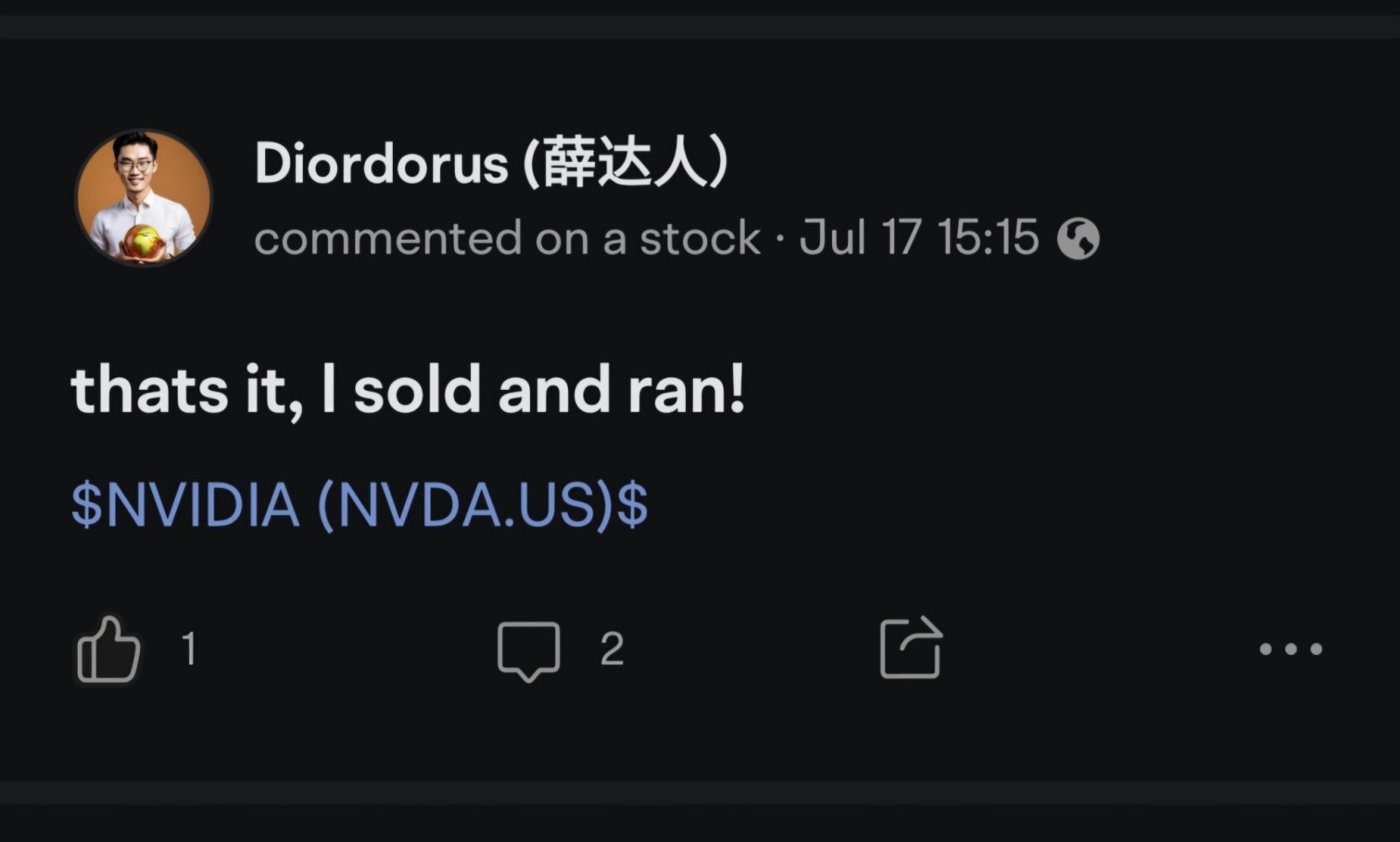 $NVIDIA (NVDA.US)$ I sold this nvidia around 130+- and some comment mocked me , how u hold8ng good ?