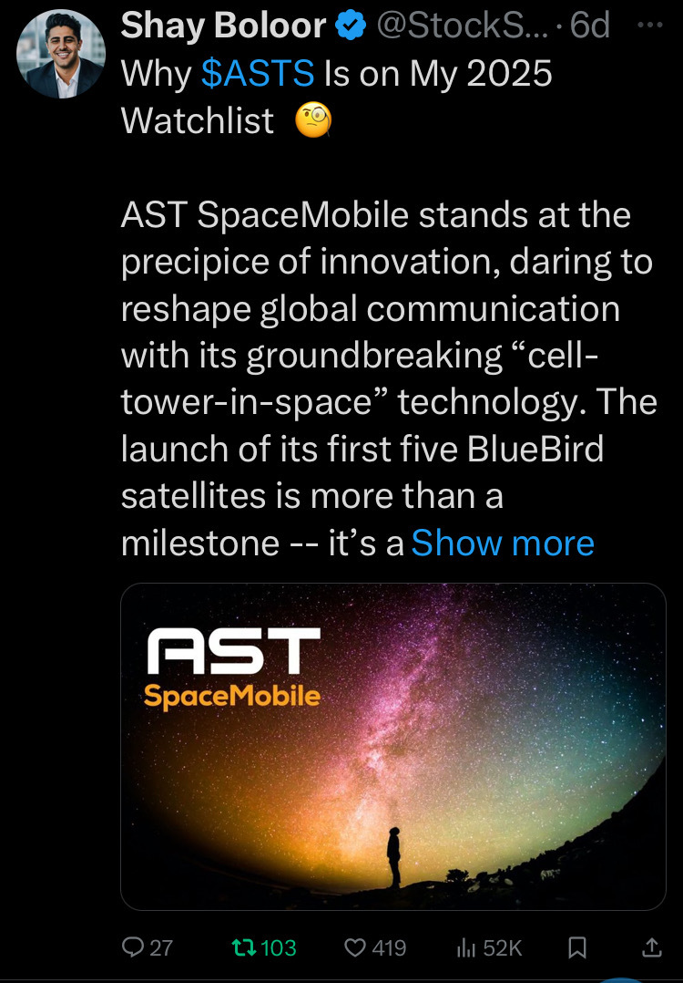 $AST SpaceMobile (ASTS.US)$ Shay擁有將近9萬粉絲：