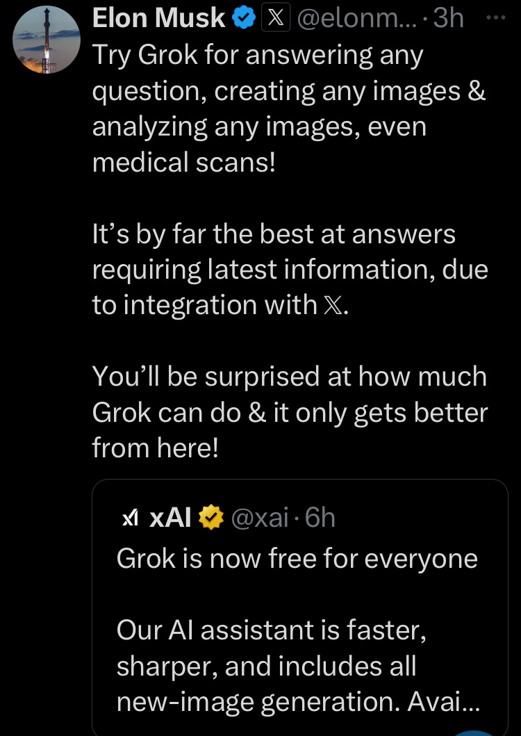 $Tesla (TSLA.US)$ Grok is now free for everyone Available for free on 𝕏 today.